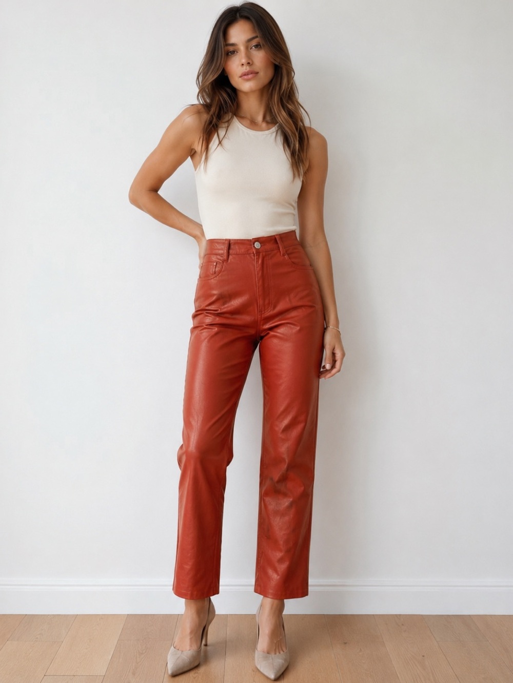 Wilfred The Melina Vegan Leather Pants Size 8 Red Orange High Rise Straight Leg